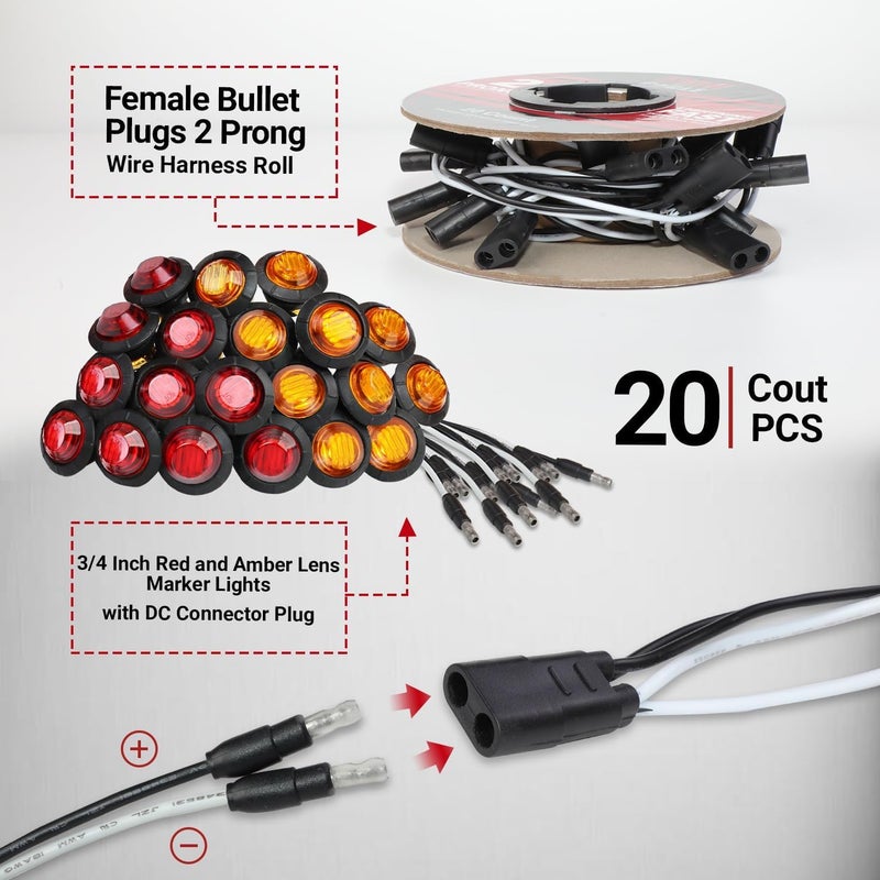TMH 20 Pcs of 3/4 Inch Side Marker 10 Amber + 10 Red Lights with Connector Plug and 2 Pin Continuous Wire Harness, Plug and Play Hassle-Free Installation for Truck Trailer RV Pickup - Image 4